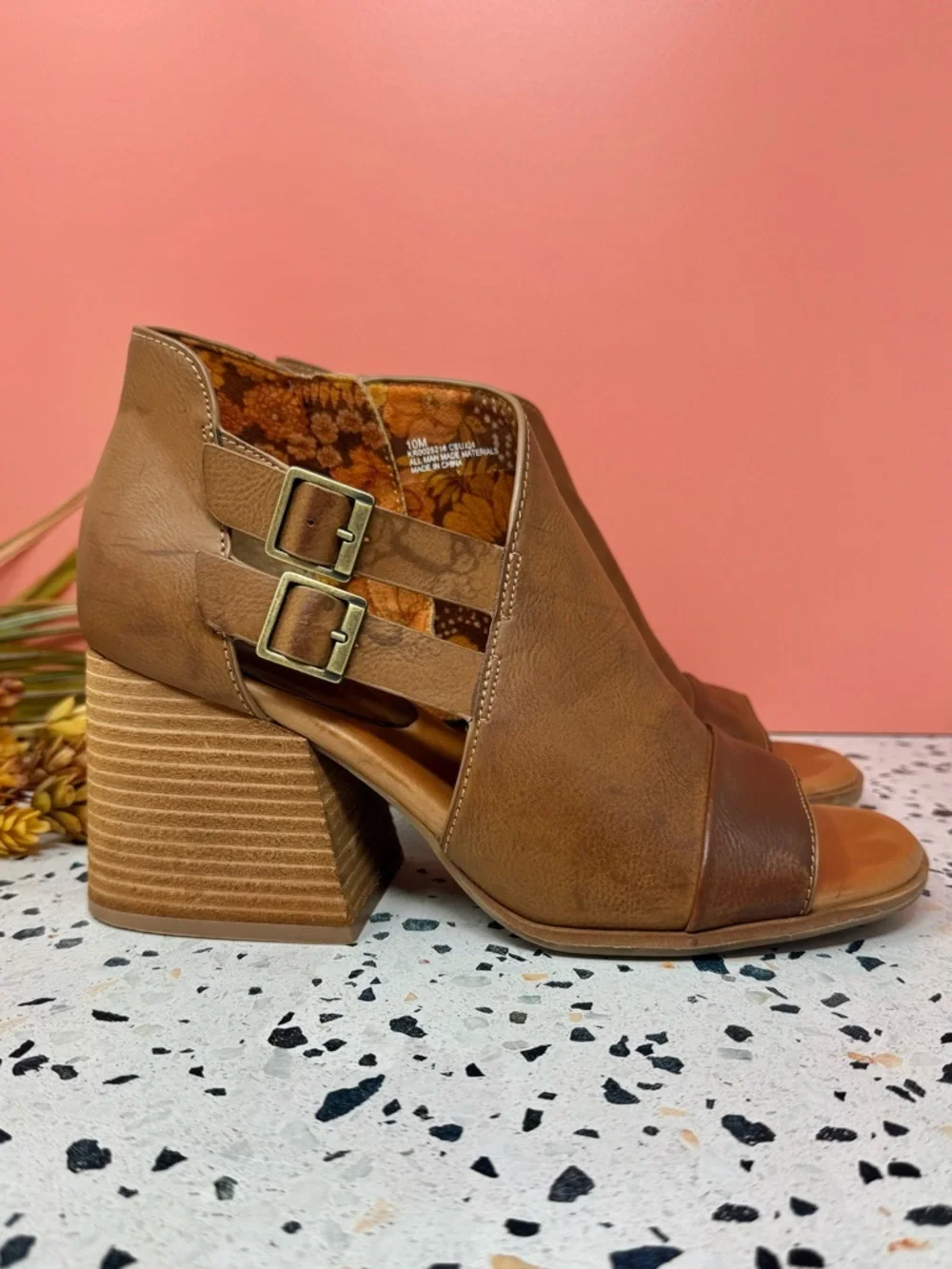 Kork-Ease Panela Tan Cognac Chunky Heel Peep Toe Women’s Booties Sz 10